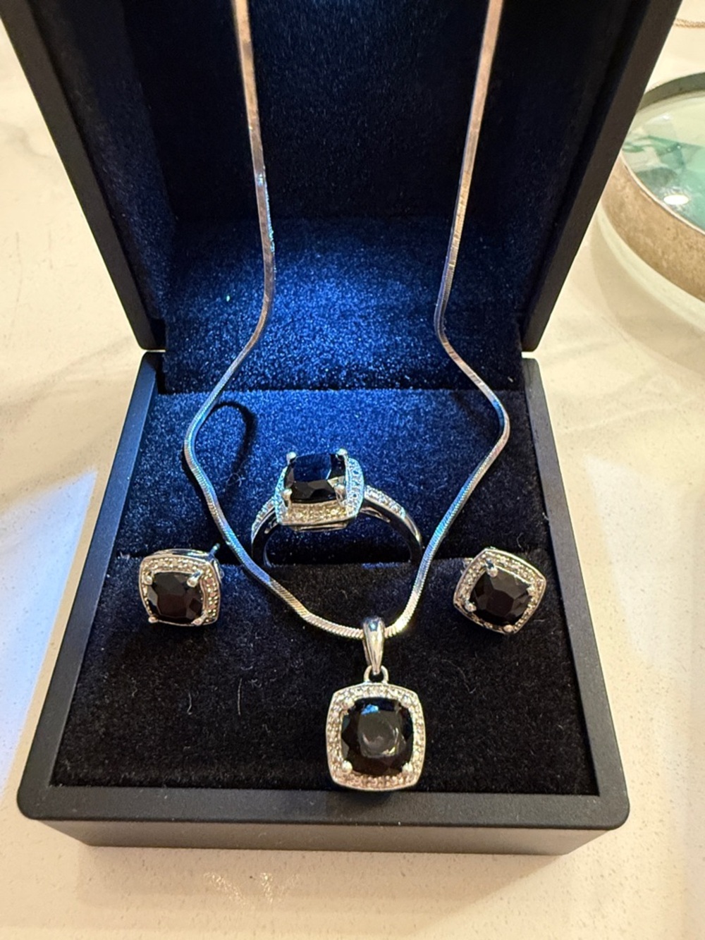 Sterling Silver Black Stone Pendant, Earrings and Ring Set